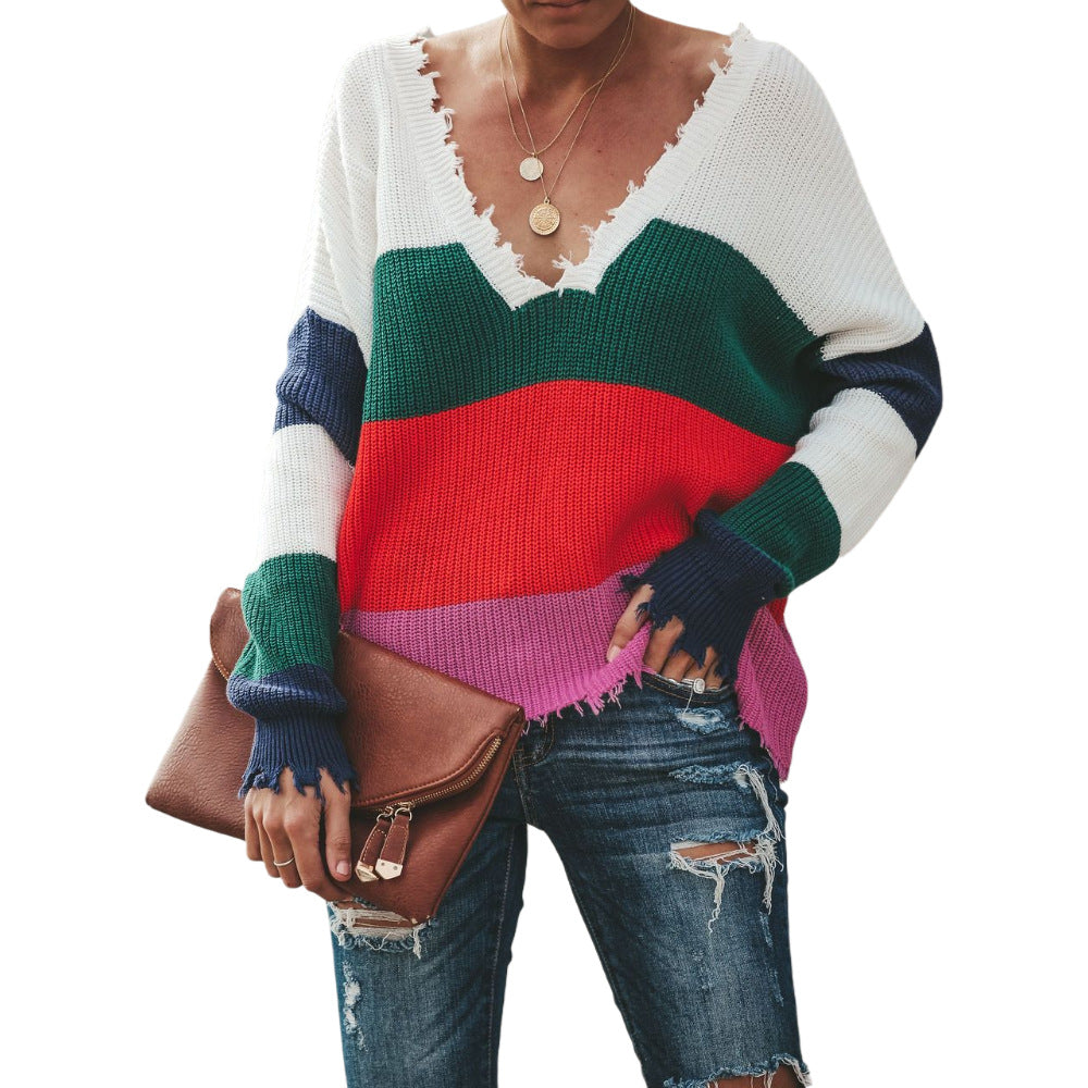 Damen lässiger Strickpullover mit tiefem V-Ausschnitt und modischem Streifenmuster Drune