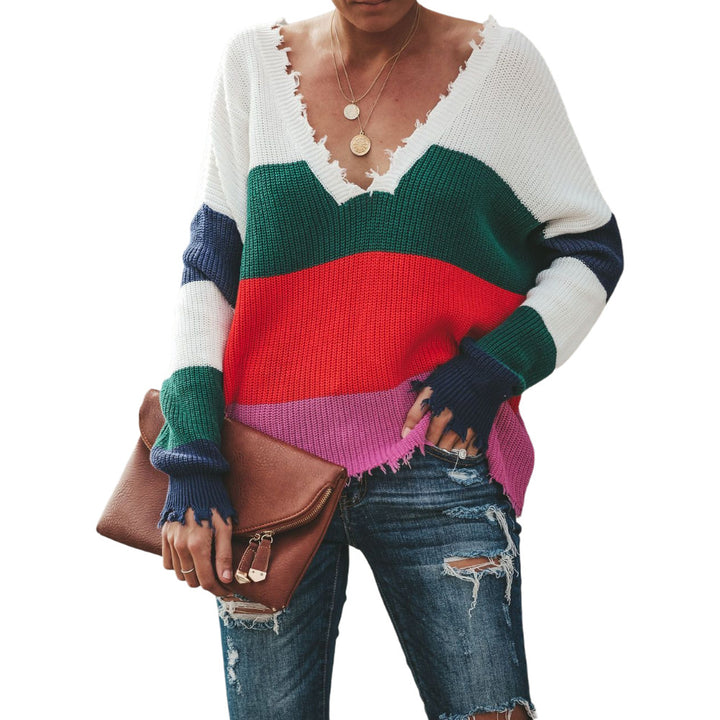 Damen lässiger Strickpullover mit tiefem V-Ausschnitt und modischem Streifenmuster Drune