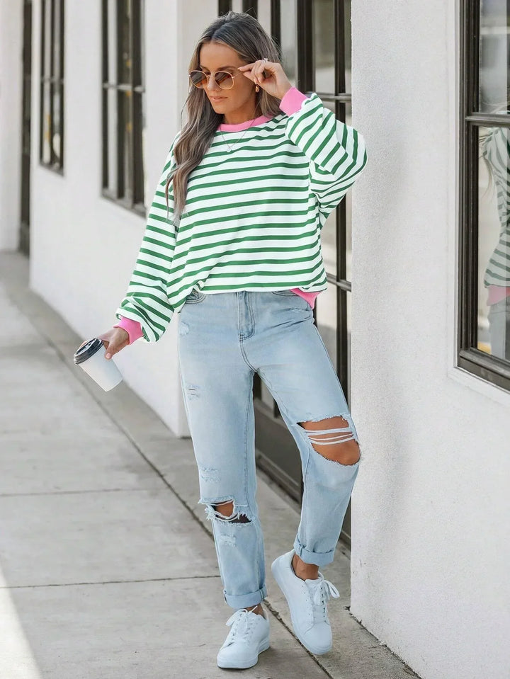 Drune | Gestreiftes Sweatshirt mit Rosa Details für Damen