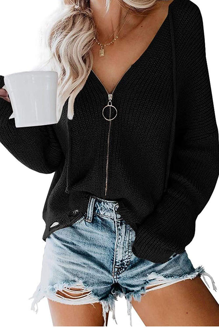 Damen V-Ausschnitt Strickpullover mit durchgehendem Reißverschluss und lässigem Schnitt Drune