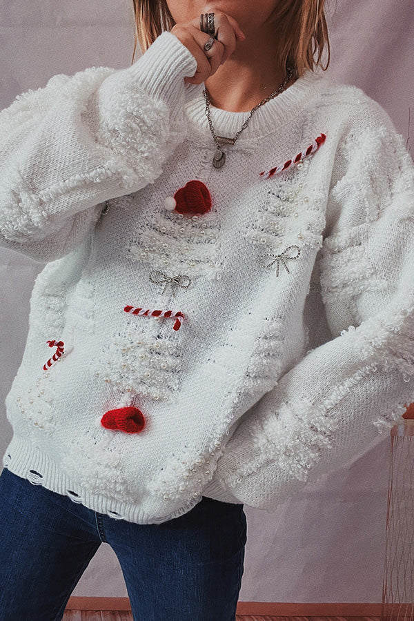 Drune | Handgemachter Perlen-Weihnachtsthema-Pullover dreidimensionaler dekorativer Pullover