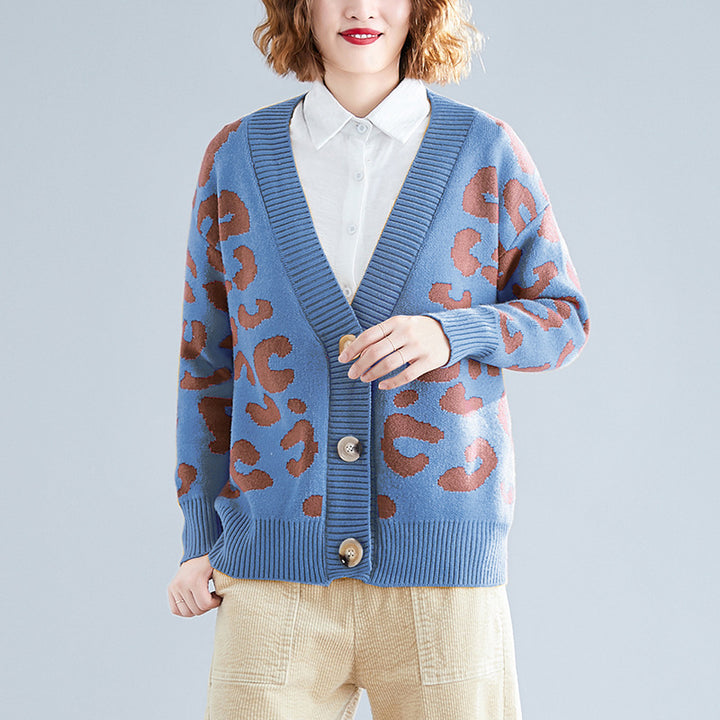 Damen Großer Strickcardigan mit Leopardenmuster und Knopfdetails Drune