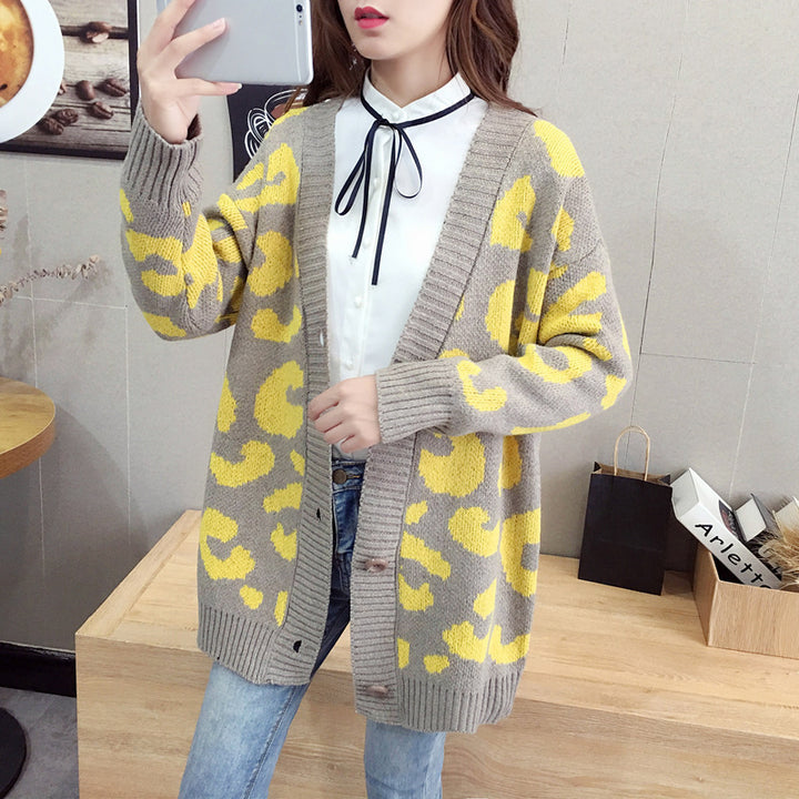 Damen Großer Strickcardigan mit Leopardenmuster und Knopfdetails Drune