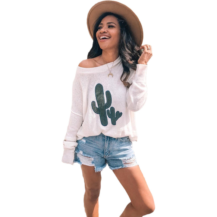Damen oversize Pullover mit lässigem Cactus-Design und Rundhalsausschnitt Drune