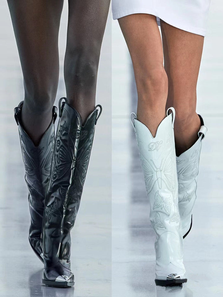 Drune | Frauen Hochhackige Metall Spitz Zehen Schleife Bestickte Stiefel