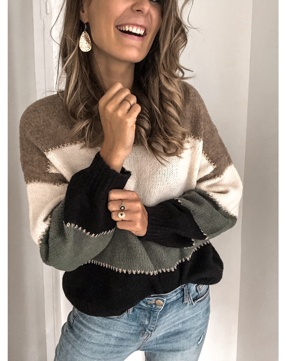 Damen lässiger Strickpullover mit buntem Streifenmuster Drune