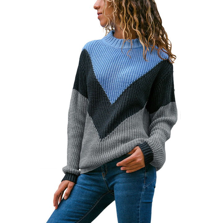 Damen Grobstrick Pullover mit modernem V-Ausschnitt und Farbblockdesign Drune