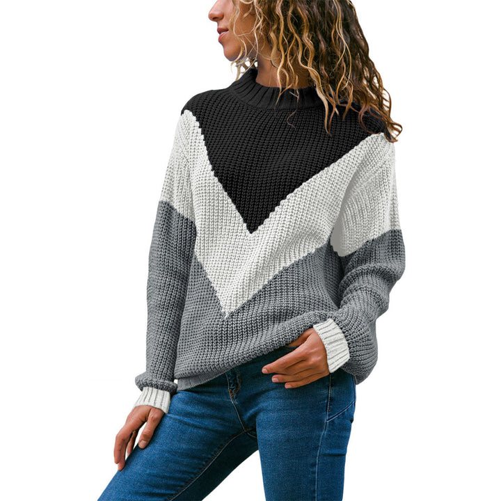 Damen Grobstrick Pullover mit modernem V-Ausschnitt und Farbblockdesign Drune