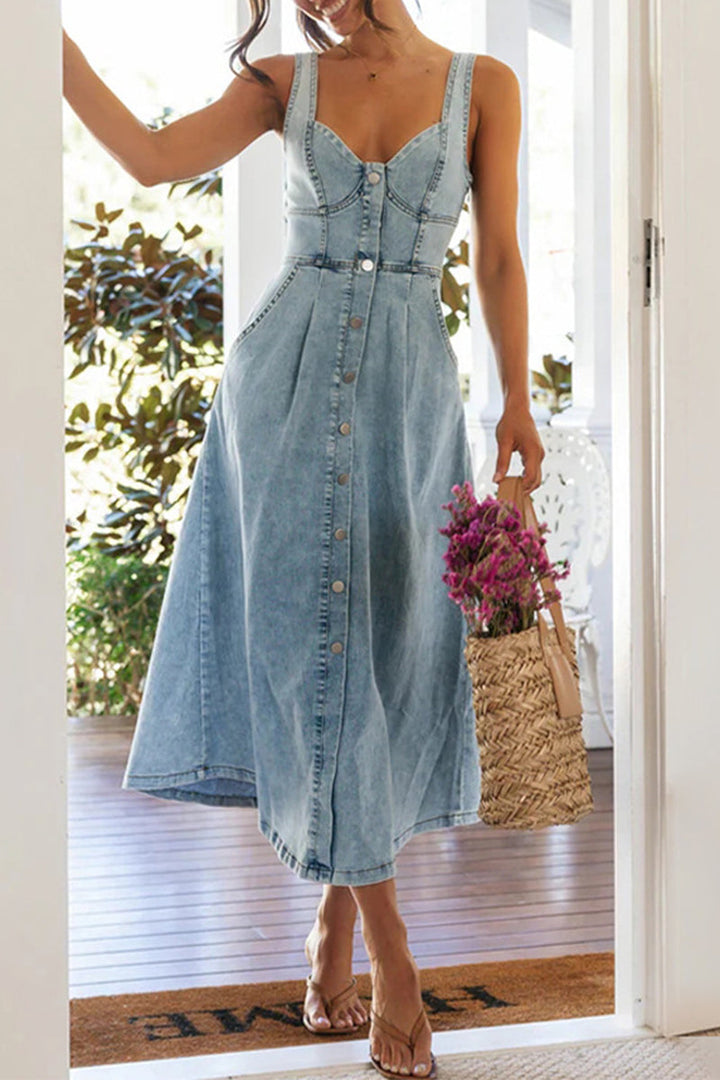 Drune | Elegante Einfarbige Knöpfe Patchwork V-Ausschnitt Ärmellose Denim Kleider
