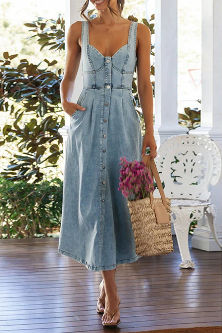 Drune | Elegante Einfarbige Knöpfe Patchwork V-Ausschnitt Ärmellose Denim Kleider