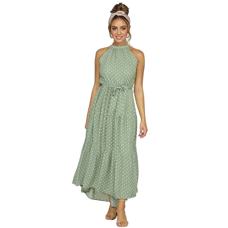 Damen Maxikleid mit Punkten und verstellbarem Bindegürtel Drune