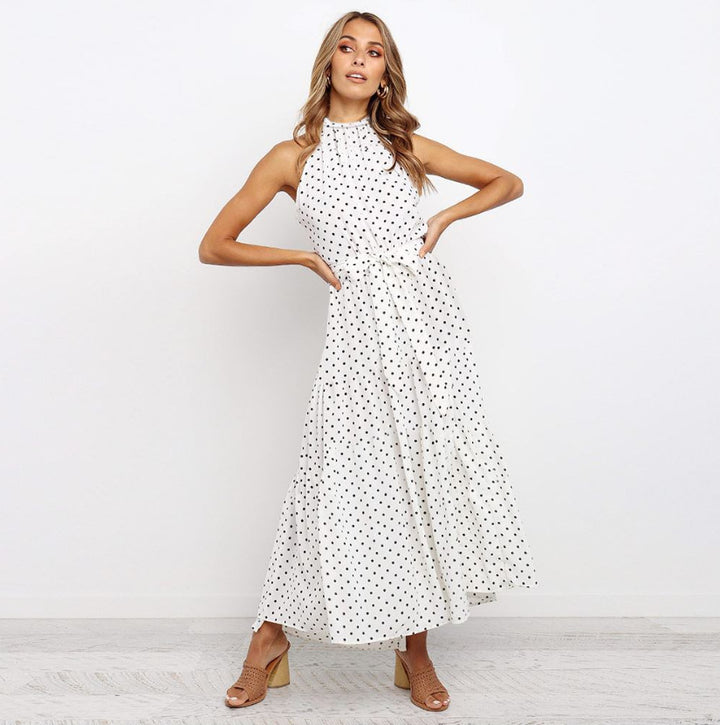 Damen Maxikleid mit Punkten und verstellbarem Bindegürtel Drune