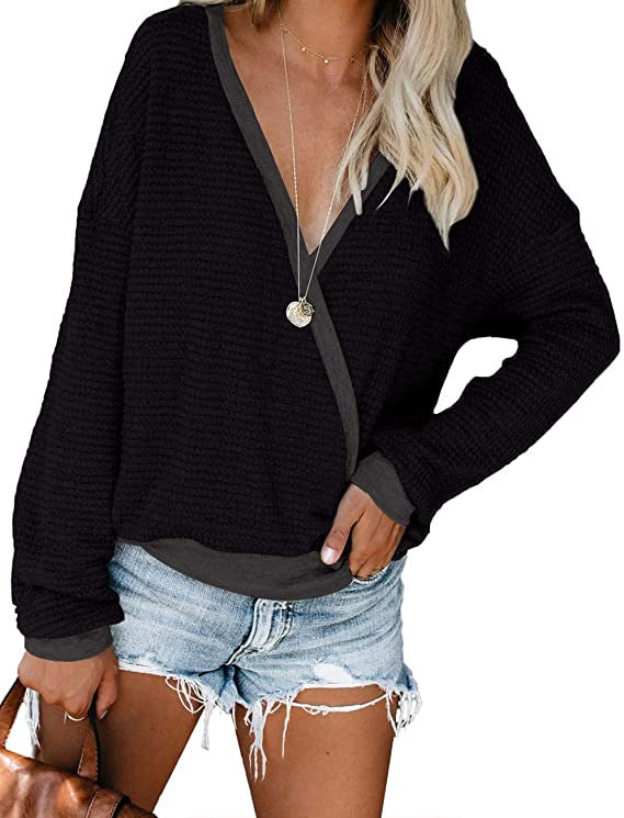 Damen lässiger Pullover mit tiefem V-Ausschnitt und lockerer Passform Drune
