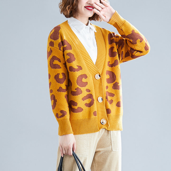 Damen Großer Strickcardigan mit Leopardenmuster und Knopfdetails Drune