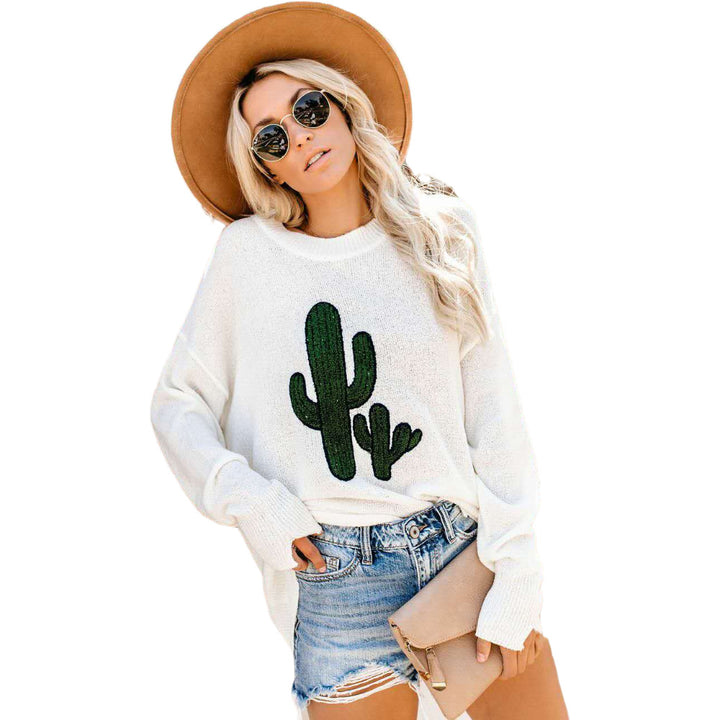 Damen oversize Pullover mit lässigem Cactus-Design und Rundhalsausschnitt Drune