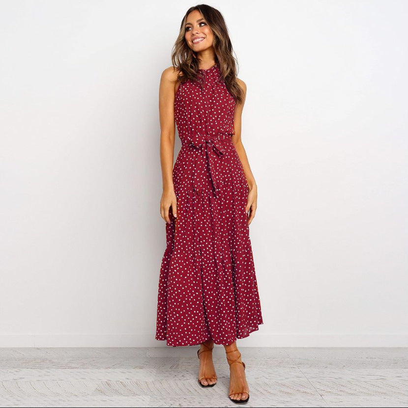 Damen Maxikleid mit Punkten und verstellbarem Bindegürtel Drune