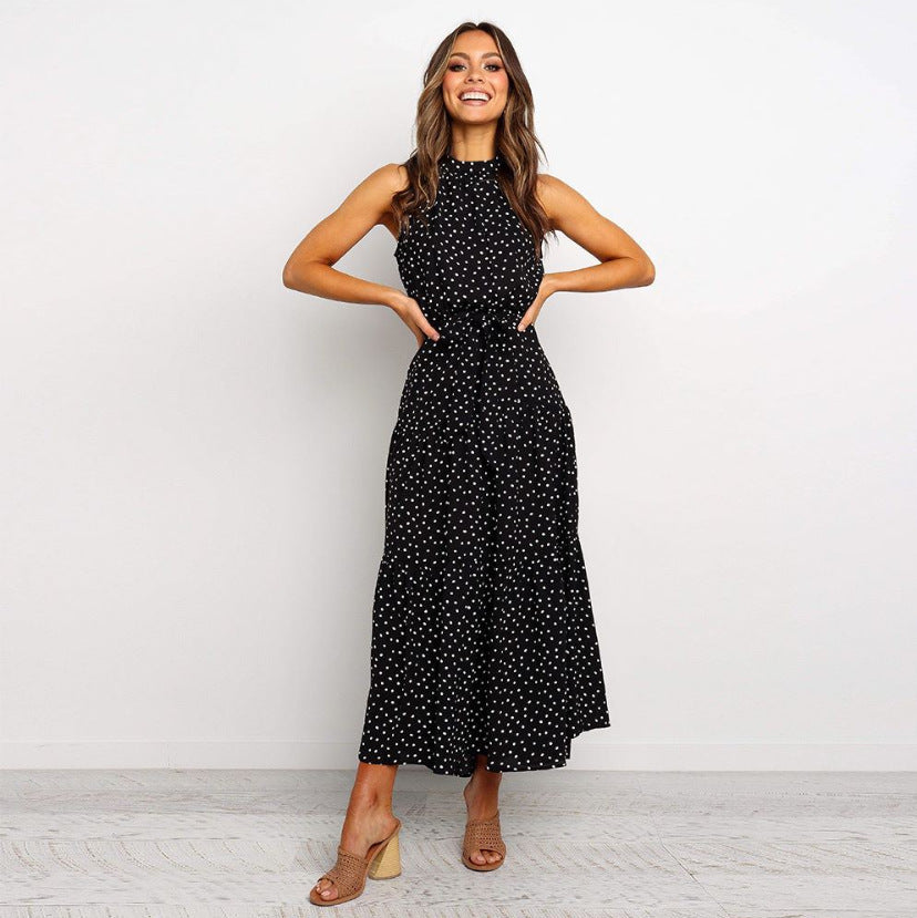 Damen Maxikleid mit Punkten und verstellbarem Bindegürtel Drune