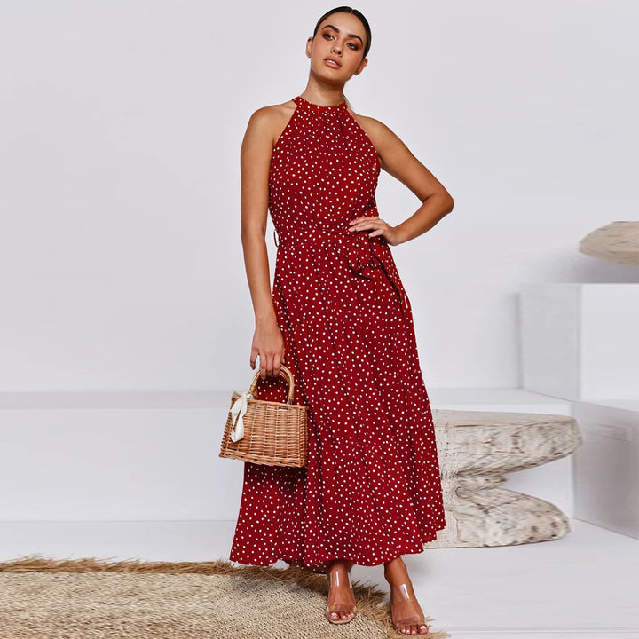 Damen Maxikleid mit Punkten und verstellbarem Bindegürtel Drune