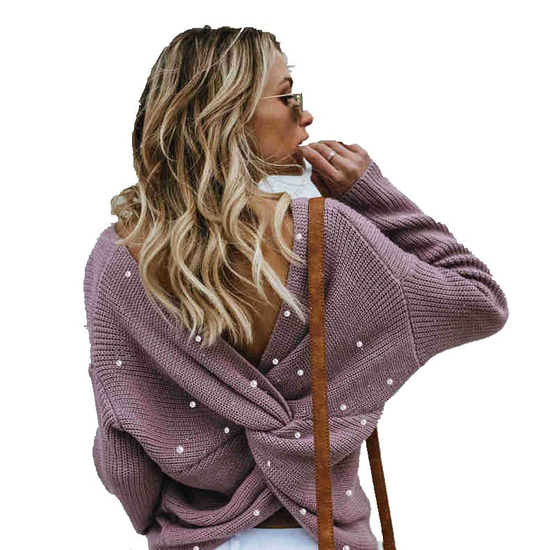 Damen modischer Strickpullover mit Wickeldesign und perlenverzierten Details Drune