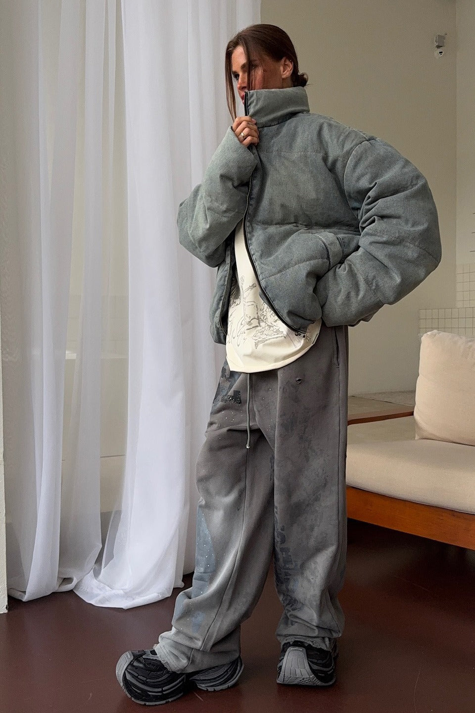 Drune | Denim Stehkragen Pufferjacke