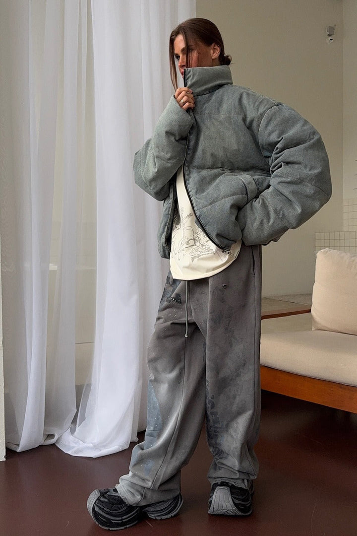 Drune | Denim Stehkragen Pufferjacke