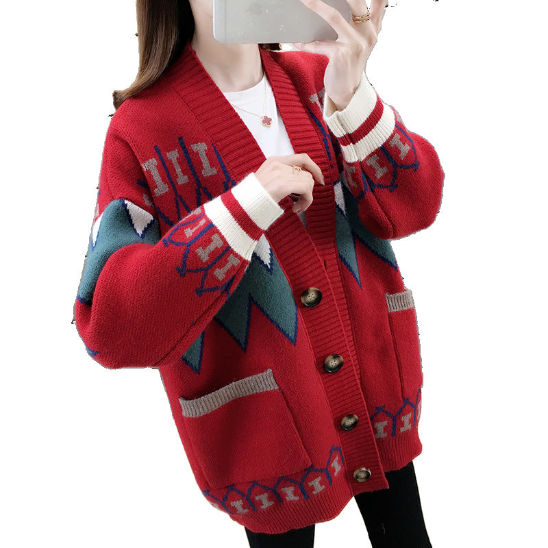 Damen gemusterte Strickjacke mit großen Taschen und Knopfdetails Drune