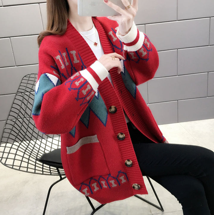 Damen gemusterte Strickjacke mit großen Taschen und Knopfdetails Drune