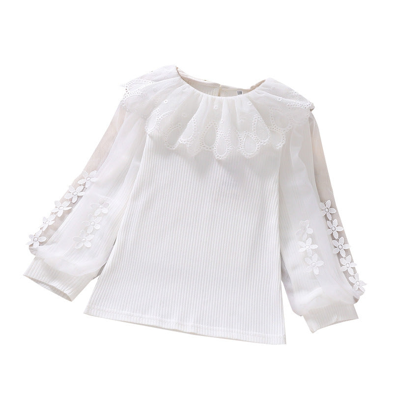 Mädchen Bluse mit transparenten Puffärmeln und Blumendekor Drune