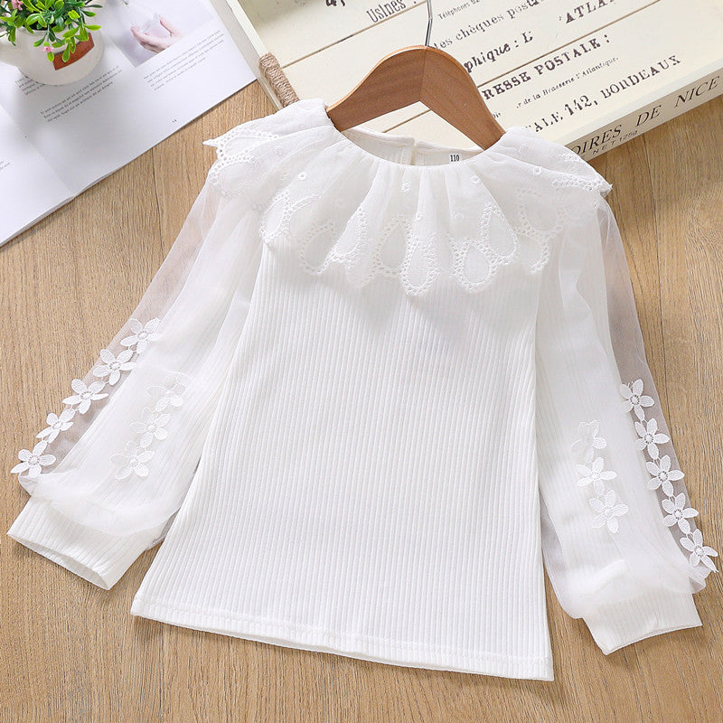 Mädchen Bluse mit transparenten Puffärmeln und Blumendekor Drune