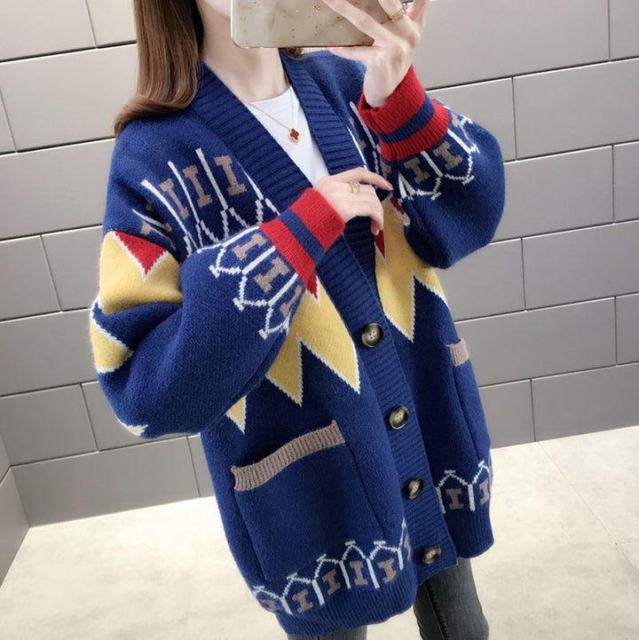 Damen gemusterte Strickjacke mit großen Taschen und Knopfdetails Drune