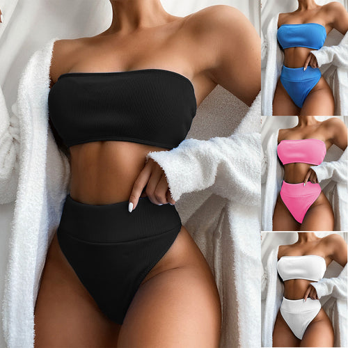 Damen Hochgeschnittener Bandeau-Bikini mit Rippstruktur Drune