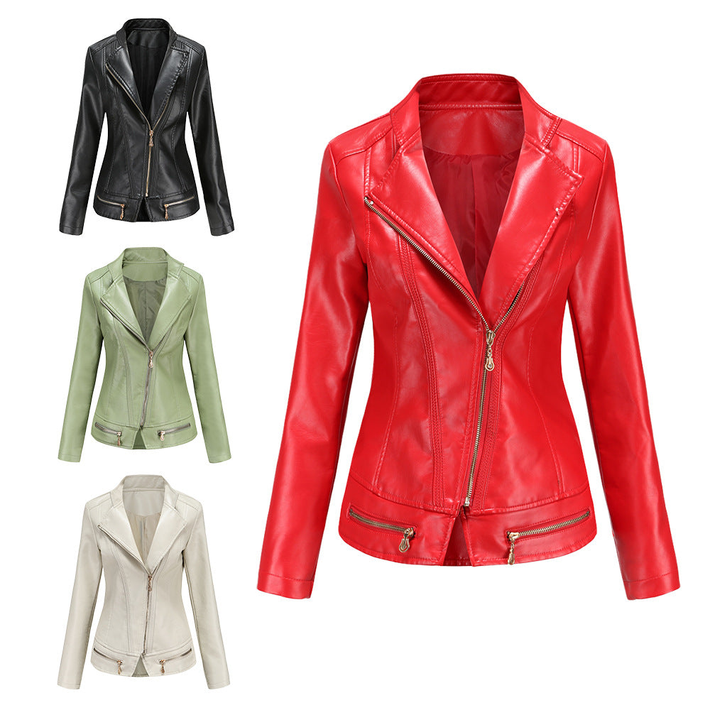 Damen schicke Kunstlederjacke mit tailliertem Schnitt und dekorativen Reißverschlüssen Drune