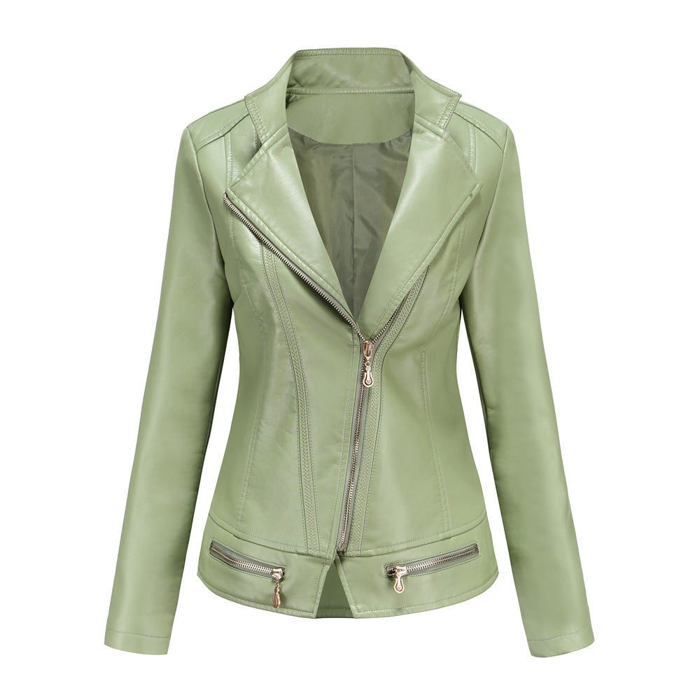 Damen schicke Kunstlederjacke mit tailliertem Schnitt und dekorativen Reißverschlüssen Drune