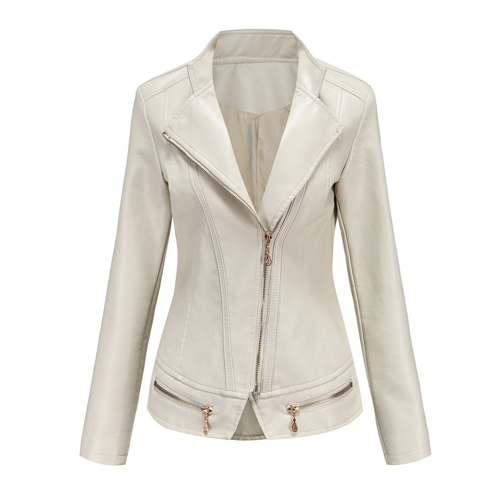Damen schicke Kunstlederjacke mit tailliertem Schnitt und dekorativen Reißverschlüssen Drune