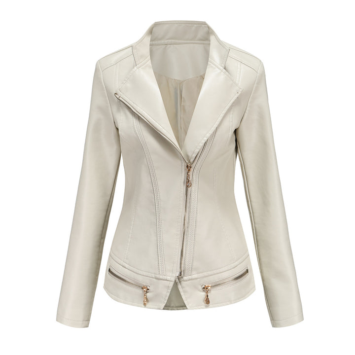 Damen schicke Kunstlederjacke mit tailliertem Schnitt und dekorativen Reißverschlüssen Drune