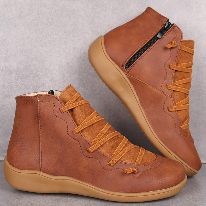 Damen nan Komfort-Stiefelette mit elastischer Zierschnürung gepolstertem Fußbett und seitlichem Reißverschluss Drune