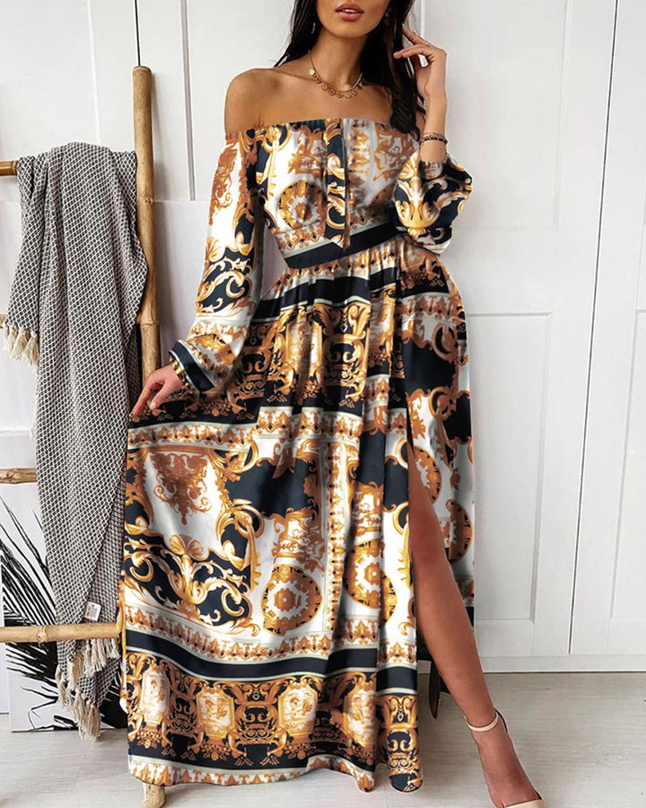Damen Elegantes Off-Shoulder Maxikleid mit raffinierten Plisseedetails und hohem Schlitz Drune
