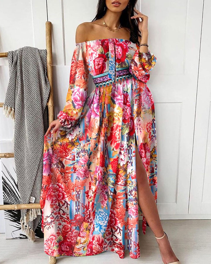 Damen Elegantes Off-Shoulder Maxikleid mit raffinierten Plisseedetails und hohem Schlitz Drune