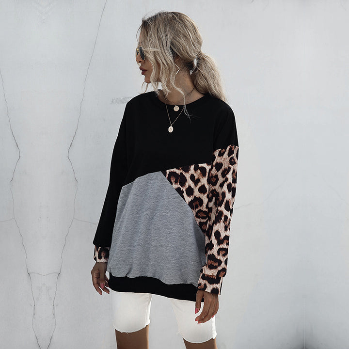 Damen lässiger Sweatshirt mit animalischen Mustern und kreativen Farbblöcken Drune