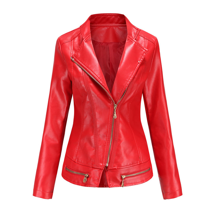 Damen schicke Kunstlederjacke mit tailliertem Schnitt und dekorativen Reißverschlüssen Drune