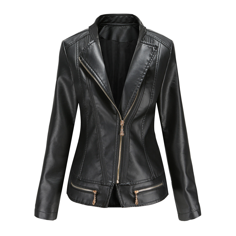 Damen schicke Kunstlederjacke mit tailliertem Schnitt und dekorativen Reißverschlüssen Drune