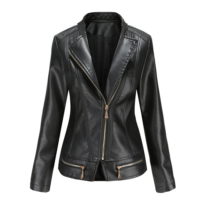 Damen schicke Kunstlederjacke mit tailliertem Schnitt und dekorativen Reißverschlüssen Drune