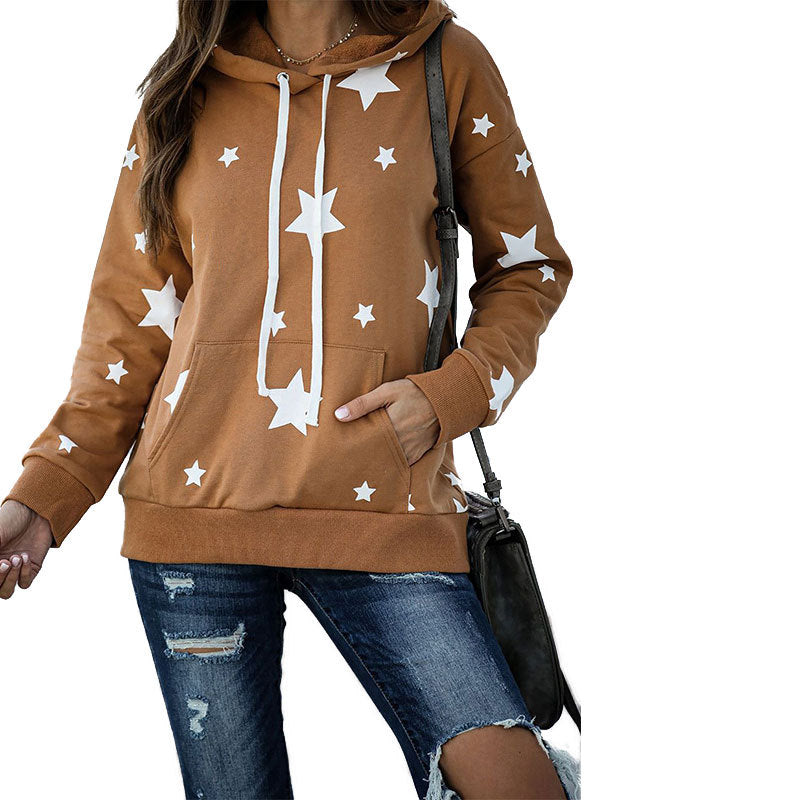 Damen lockerer Hoodie mit Sternenmotiv und praktischer Kängurutasche Drune