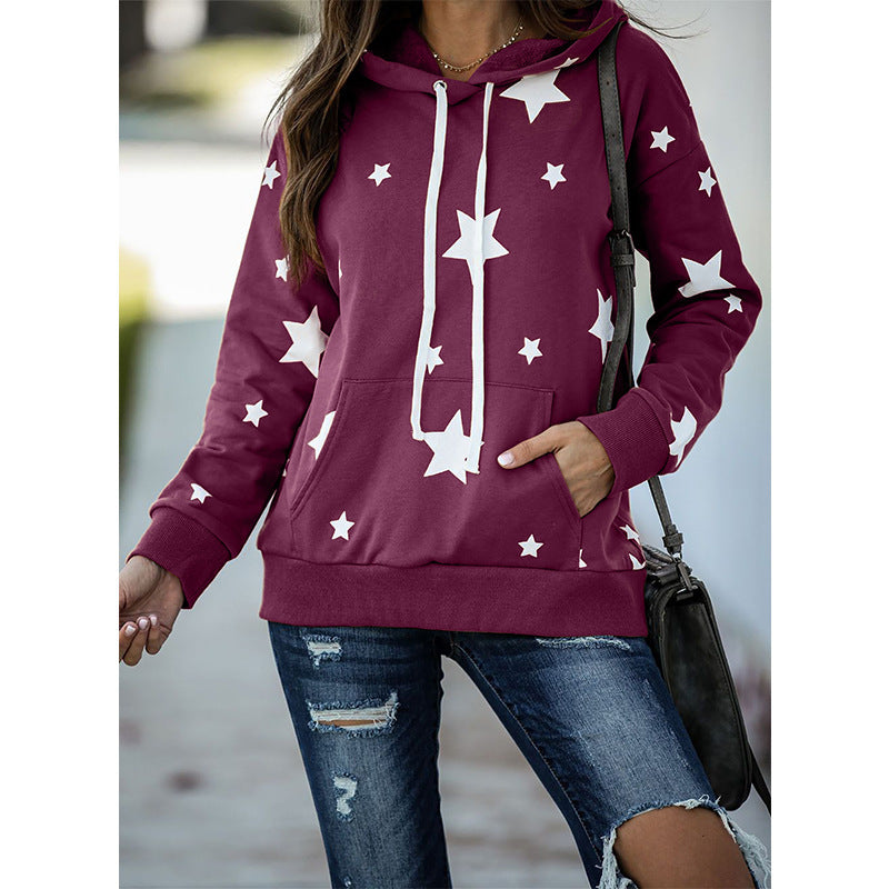 Damen lockerer Hoodie mit Sternenmotiv und praktischer Kängurutasche Drune