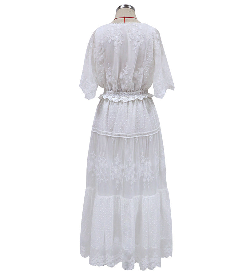 Drune | Chiffon Spitze Kurze Ärmel Boho V-Ausschnitt Maxi Kleid