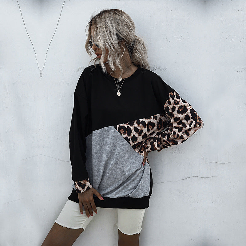 Damen lässiger Sweatshirt mit animalischen Mustern und kreativen Farbblöcken Drune