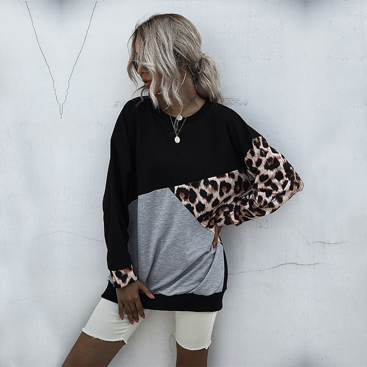 Damen lässiger Sweatshirt mit animalischen Mustern und kreativen Farbblöcken Drune