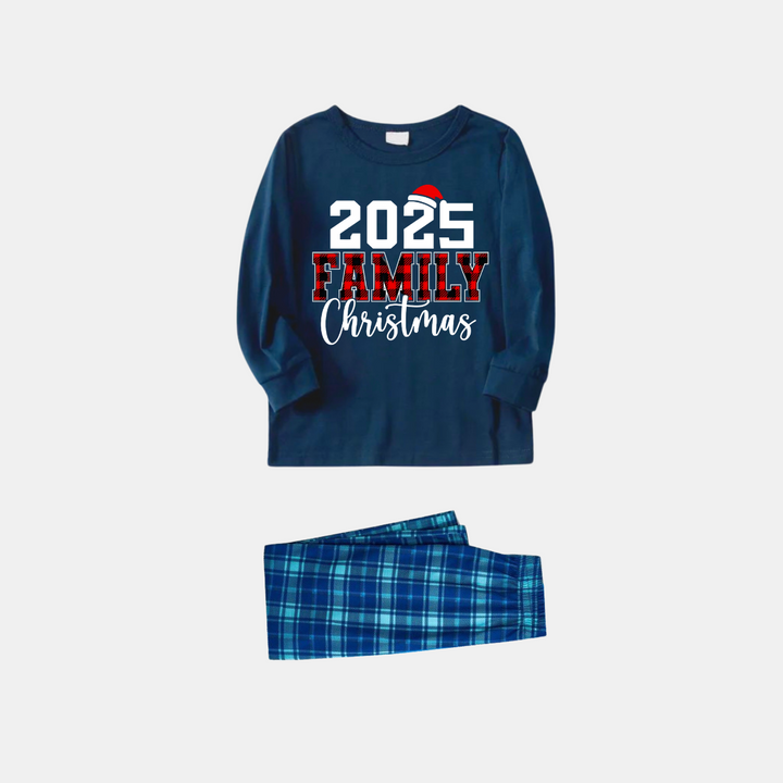 Drune | 2025 Familie Weihnachten Textdruck Blau Langarmshirt mit Blau Karo Familie Passende Pyjamas