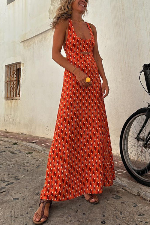 Drune | Scoop Neck Rückenfreies Geometrisches Print Maxi Cami Kleid