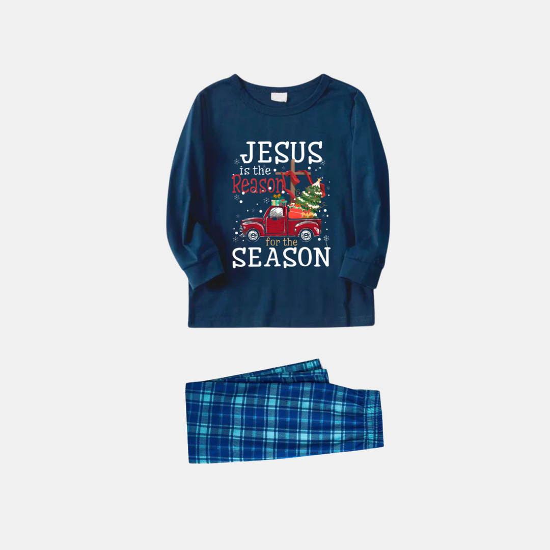 Drune | Marineblaues und Himmelblaues Karierter Weihnachts-Pyjama-Set mit "Jesus ist der Grund für die Jahreszeit" Textdruck